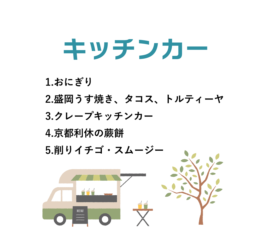 キッチンカー おにぎり、盛岡うす焼き、タコス、トルティーヤ、クレープキッチンカー、京都利休の蕨餅、削りイチゴ・スムージー